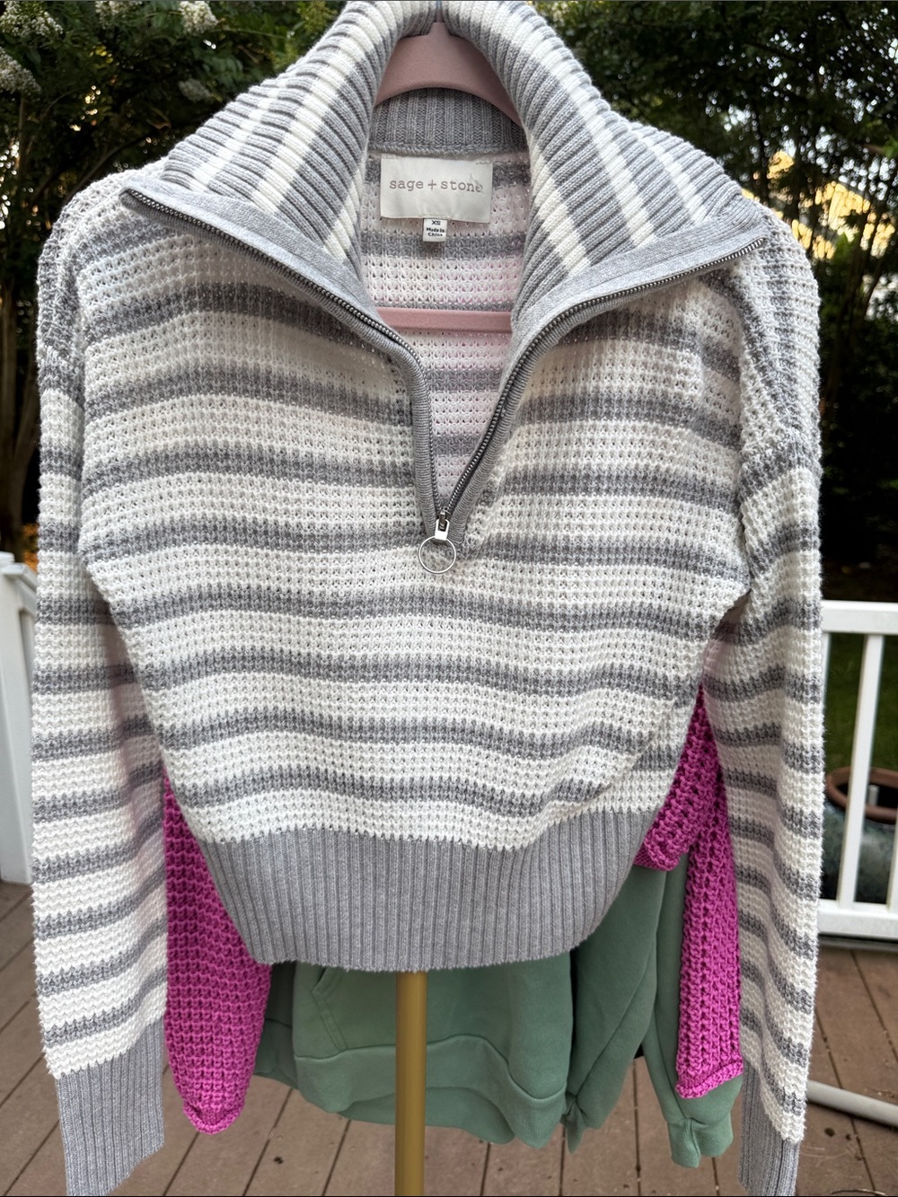 Sage and Stone Gray and White Striped Half-Zip Sweater Cropped